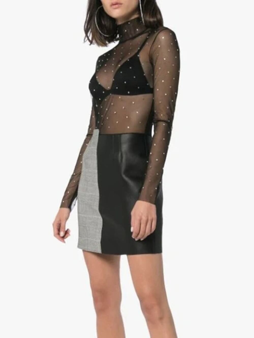 Heron Preston High Neck Rhinestone Mesh Leather Wool Mini Dress Size Small